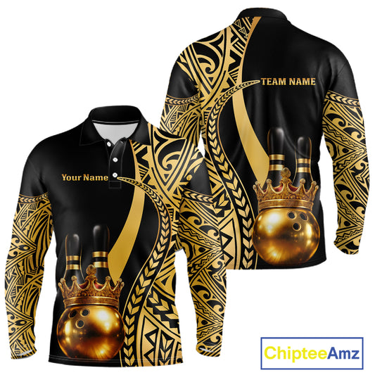 Black and Gold crown Bowling ball pins Polo, Quarter Zip Shirts for Men Custom Bowling Team jerseys NQS11592