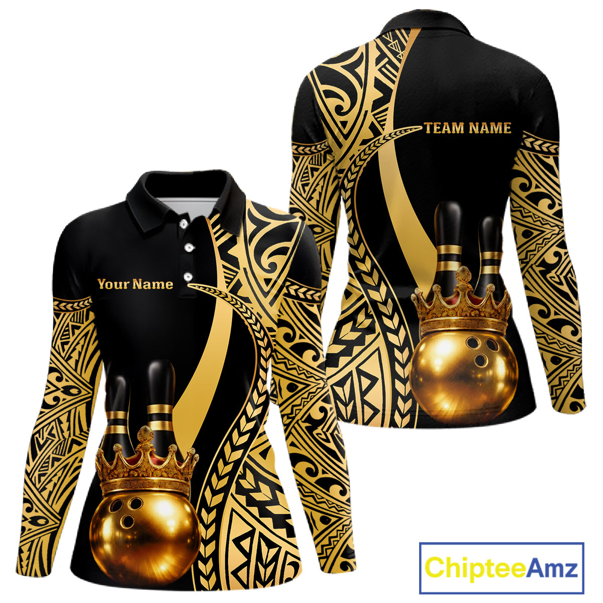 Black and Gold crown Bowling ball pins Polo, Quarter Zip Shirts for Women Custom Bowling Team jerseys NQS11592