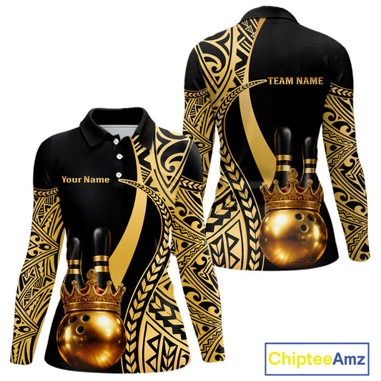 Black and Gold crown Bowling ball pins Polo, Quarter Zip Shirts for Women Custom Bowling Team jerseys NQS11592