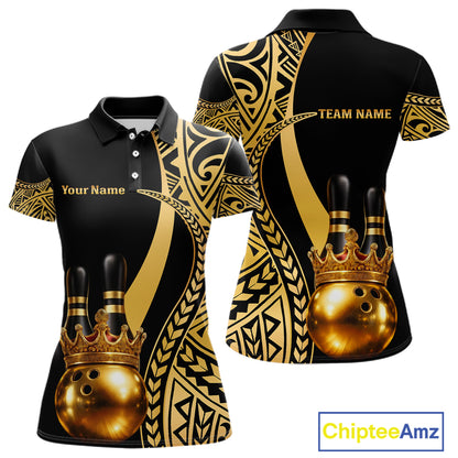 Black and Gold crown Bowling ball pins Polo, Quarter Zip Shirts for Women Custom Bowling Team jerseys NQS11592