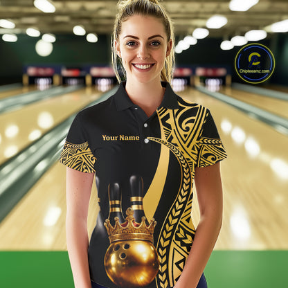 Black and Gold crown Bowling ball pins Polo, Quarter Zip Shirts for Women Custom Bowling Team jerseys NQS11592