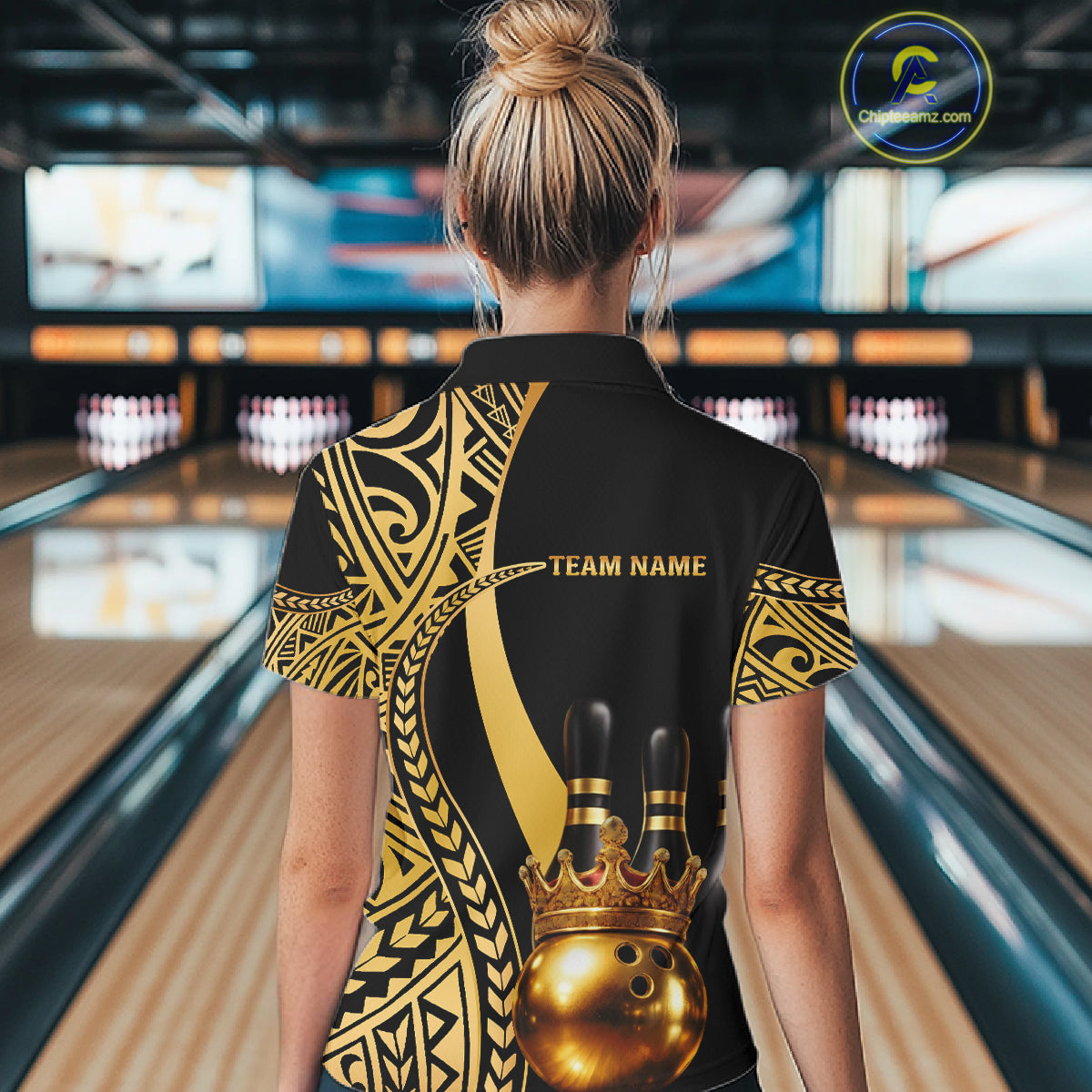 Black and Gold crown Bowling ball pins Polo, Quarter Zip Shirts for Women Custom Bowling Team jerseys NQS11592