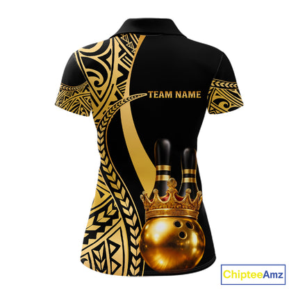 Black and Gold crown Bowling ball pins Polo, Quarter Zip Shirts for Women Custom Bowling Team jerseys NQS11592