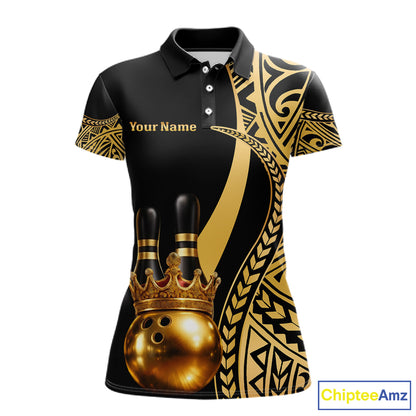 Black and Gold crown Bowling ball pins Polo, Quarter Zip Shirts for Women Custom Bowling Team jerseys NQS11592