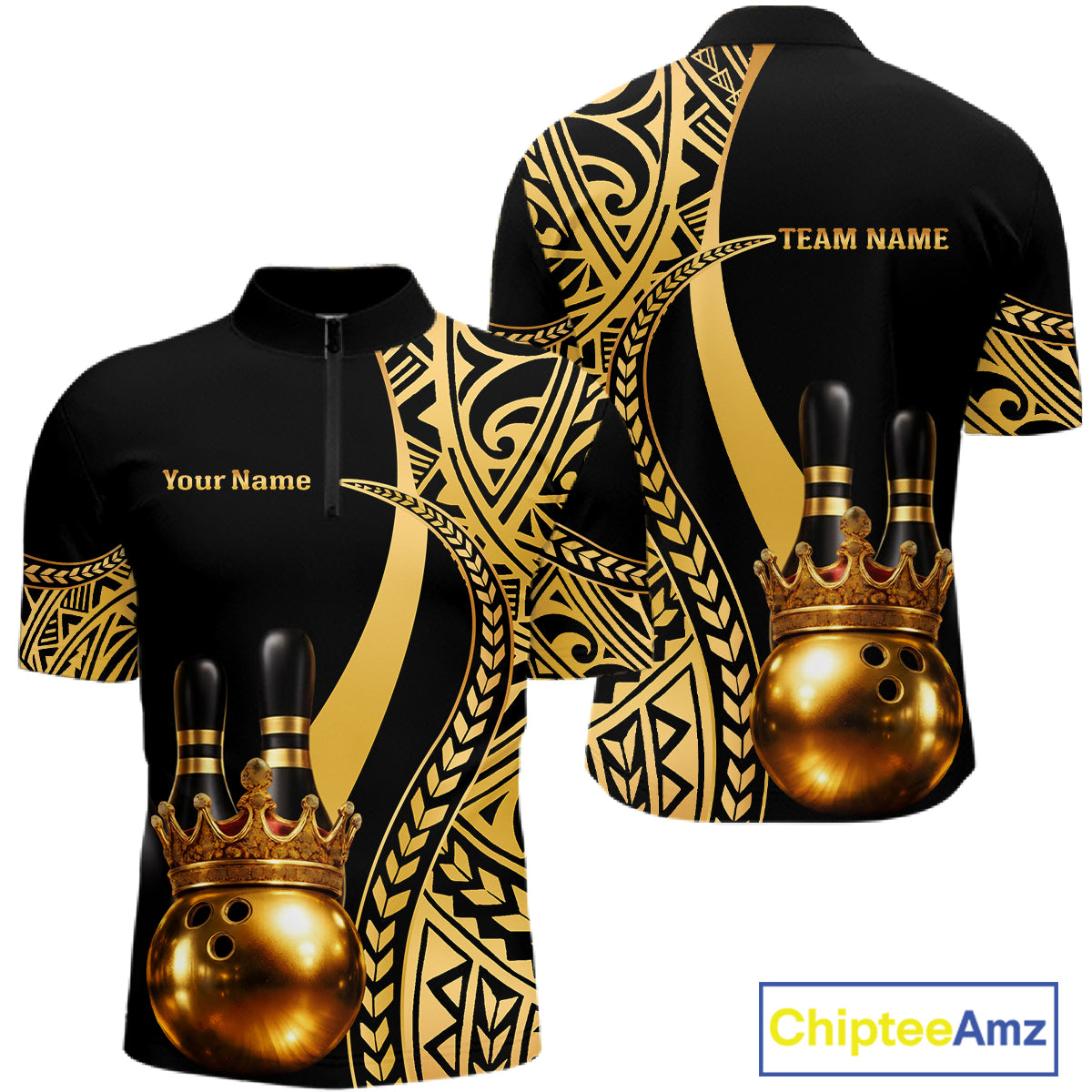 Black and Gold crown Bowling ball pins Polo, Quarter Zip Shirts for Men Custom Bowling Team jerseys NQS11592