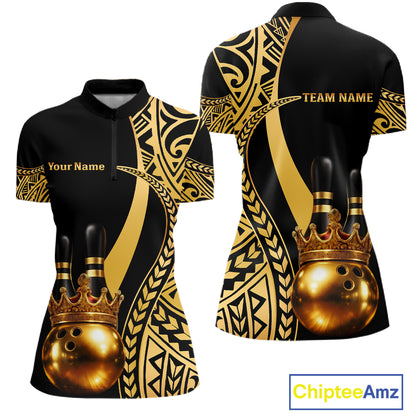 Black and Gold crown Bowling ball pins Polo, Quarter Zip Shirts for Women Custom Bowling Team jerseys NQS11592