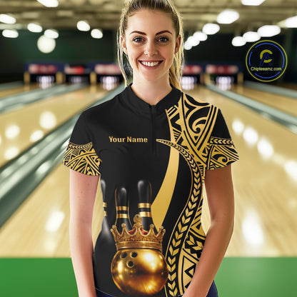 Black and Gold crown Bowling ball pins Polo, Quarter Zip Shirts for Women Custom Bowling Team jerseys NQS11592