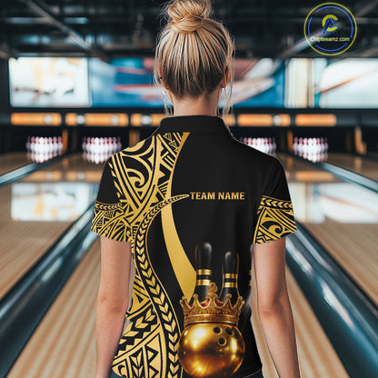 Black and Gold crown Bowling ball pins Polo, Quarter Zip Shirts for Women Custom Bowling Team jerseys NQS11592