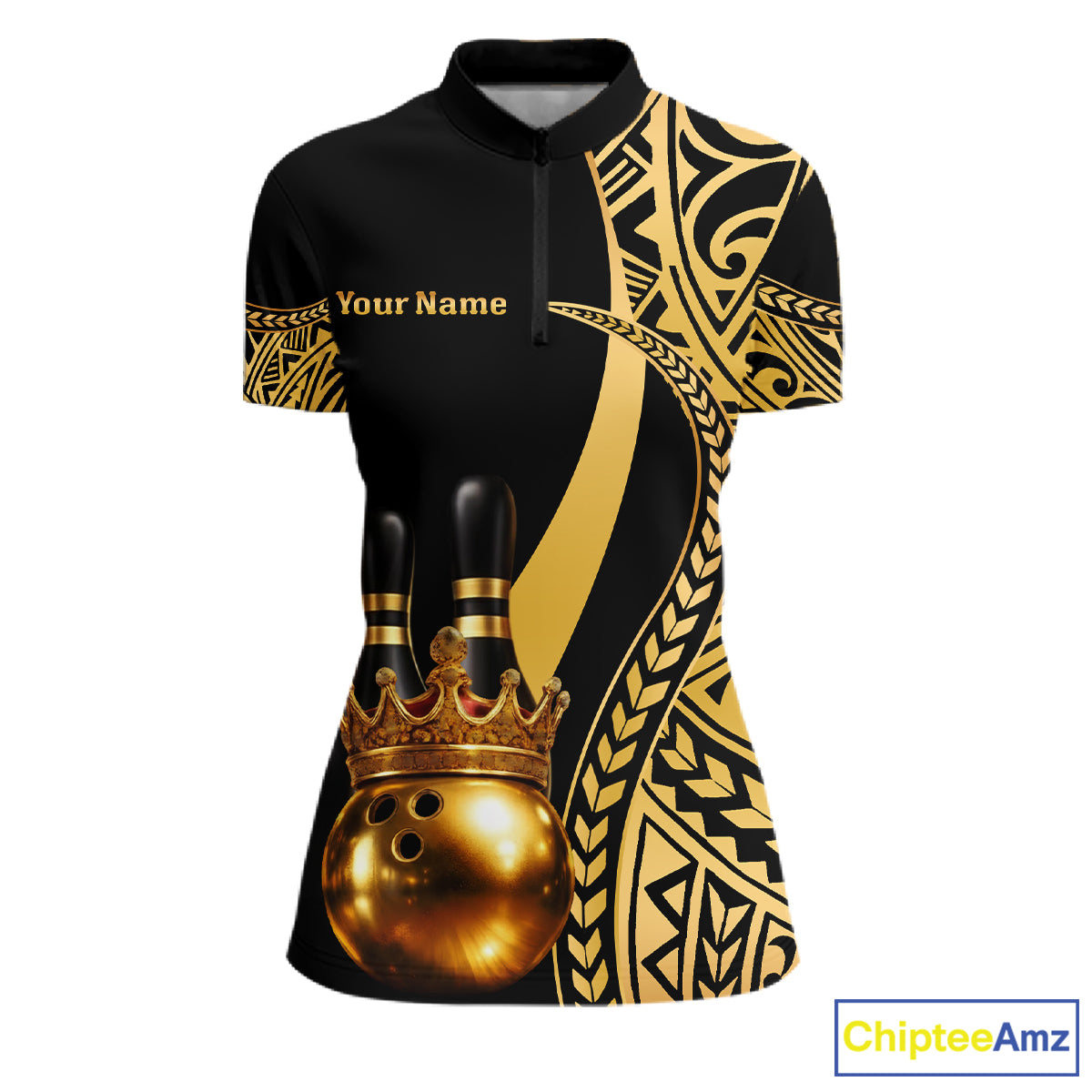 Black and Gold crown Bowling ball pins Polo, Quarter Zip Shirts for Women Custom Bowling Team jerseys NQS11592