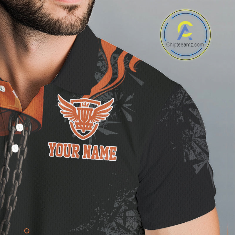 Black and Orange Flame Disc Golf basket Mens Disc golf polo shirts Custom team disc golf outfit NQS10811