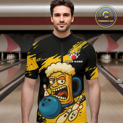 Black And Yellow Funny Beer Bowling Men Polo, 1/4 Zip Shirts Custom Angry Beer Glass Bowling Jersey NQS10784