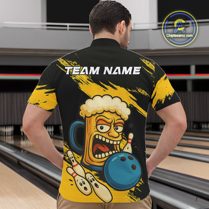 Black And Yellow Funny Beer Bowling Men Polo, 1/4 Zip Shirts Custom Angry Beer Glass Bowling Jersey NQS10784