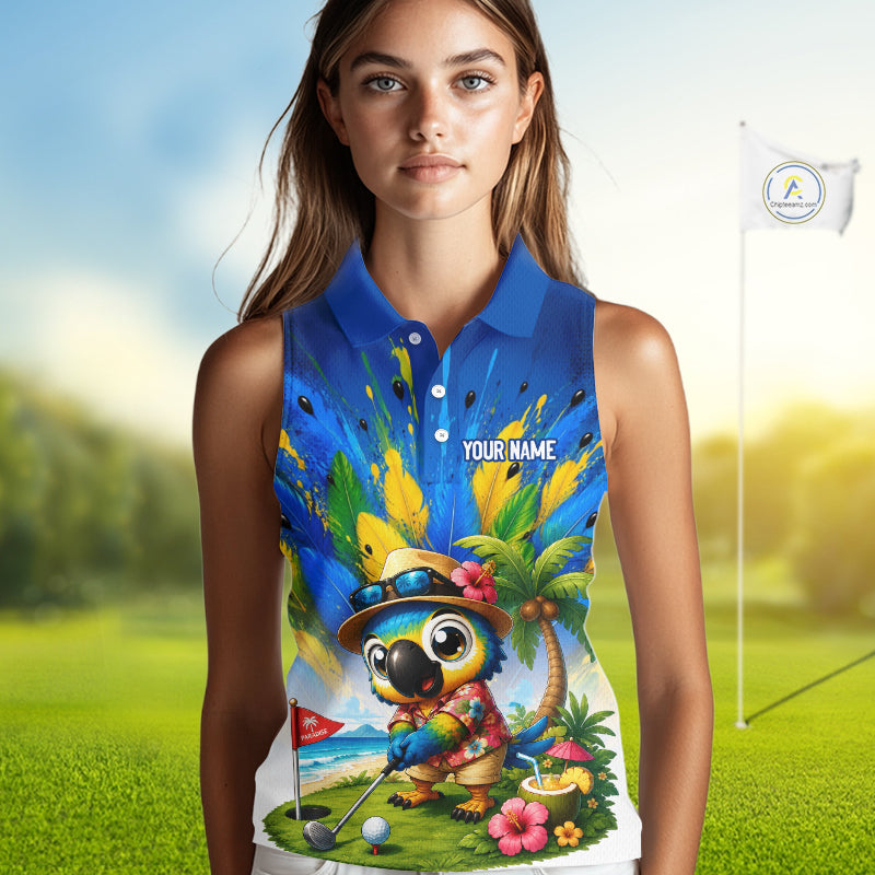 Personalized tropical parrot golf polo for women, funny Hawaiian bird design, sleeveless sport shirt side view.