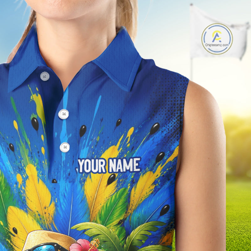 Personalized tropical parrot golf polo for women, funny Hawaiian bird design, sleeveless sport shirt side view.