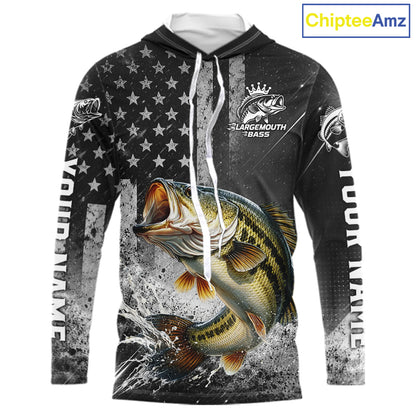Gray Bass Custom Hooded Long Sleeve Fishing Shirts, American Flag Patriotic Bass Fishing Shirt NHT514