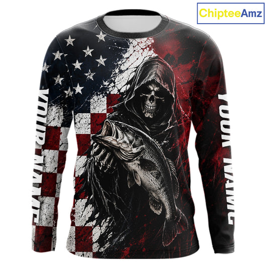 Grim Reaper Largemouth Bass Jersey – American Flag Patriotic Fisherman Long Sleeve Fishing Shirt