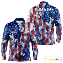 Load image into Gallery viewer, Personalized American Flag Butterfly Golf Polo Shirt – Custom Name Patriotic Team Apparel