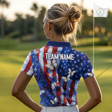 Load image into Gallery viewer, Personalized American Flag Butterfly Womens Golf Polo Shirt – Custom Name Patriotic Team Apparel NHT1033