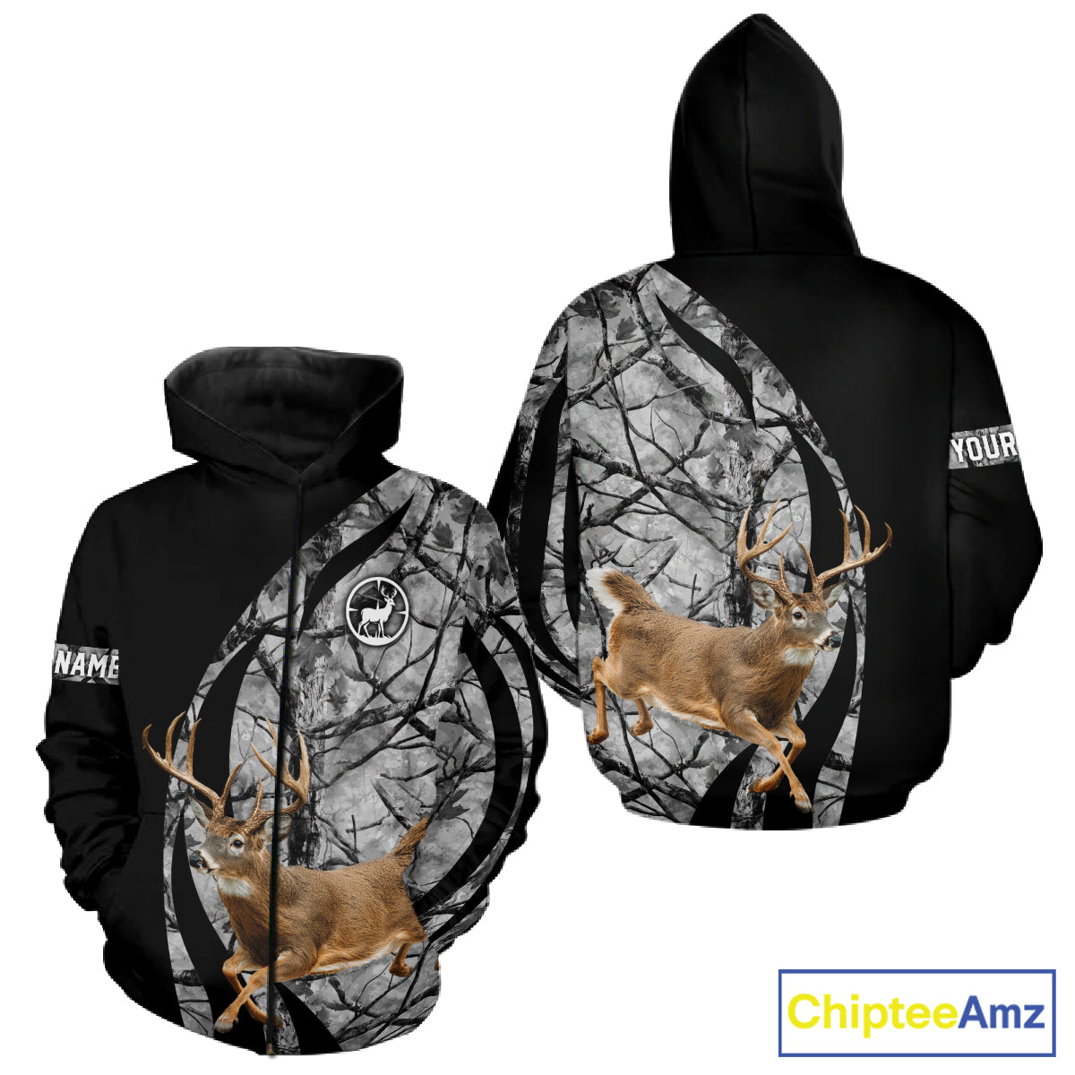 Deer Jumping Hunting 3D Black Gray Camo Custom Name All Over Print Shirt Hunting Shirts NHT206