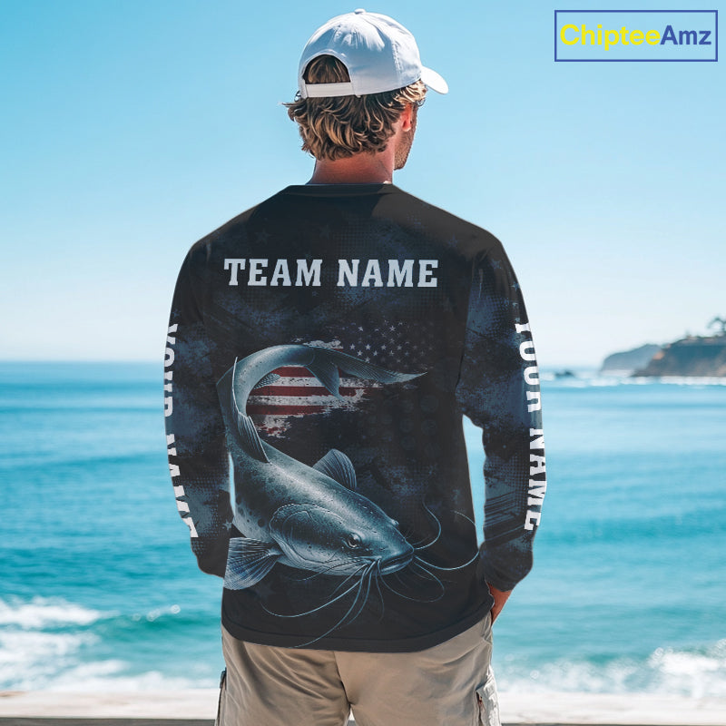 Personalized American Flag Catfish Fishing Shirts Long Sleeve, Patriotic Catfish Fishing  NHT523