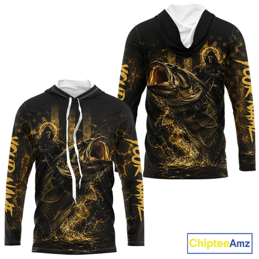 Back view of yellow hooded bass fishing shirt made from breathable polyester with UPF 30+ sun protection.