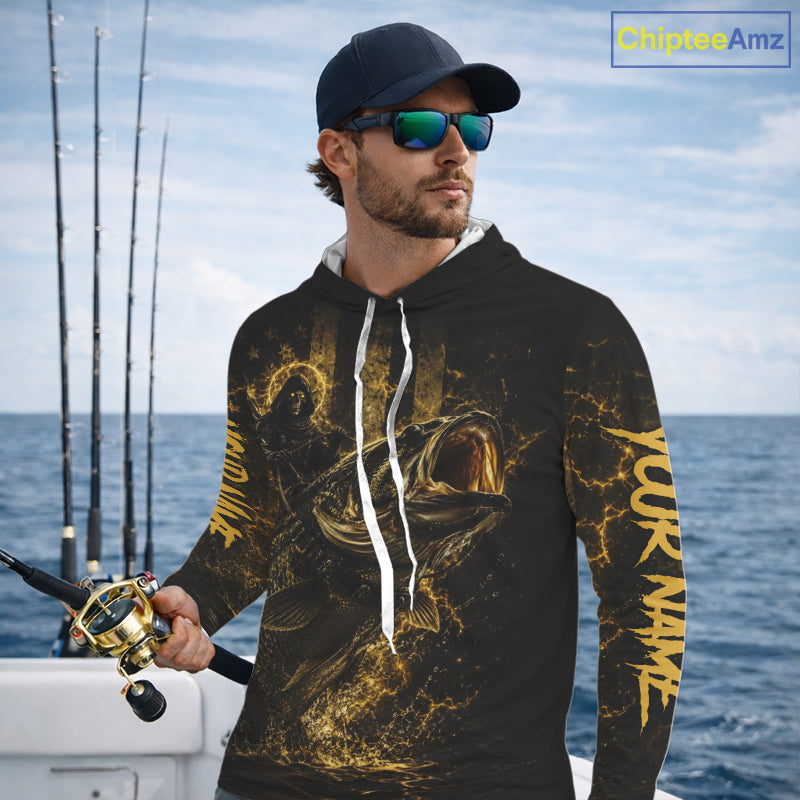 Grim Reaper Bass Fishing Jersey, Largemouth Bass Long Sleeve Hooded Performance Fishing Shirt|Yellow NHT1210