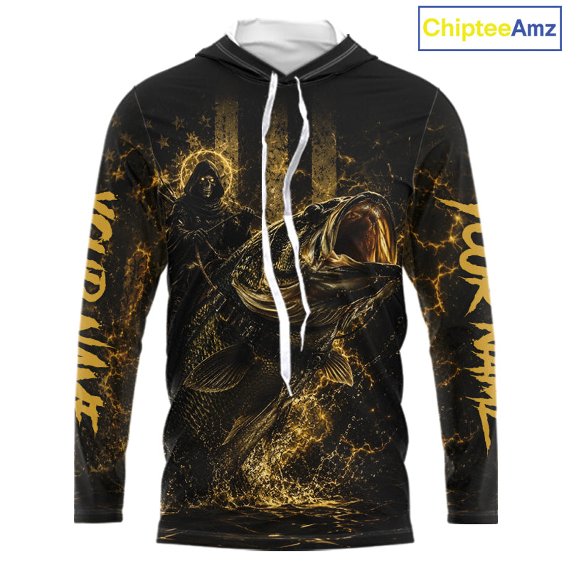 Yellow Grim Reaper Bass Fishing Jersey hooded long sleeve with largemouth bass graphic and performance fit.