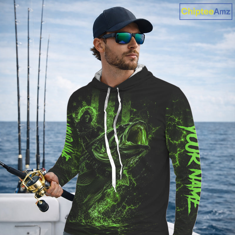 Grim Reaper Bass Fishing Jersey, Largemouth Bass Long Sleeve Hooded Performance Fishing Shirt|Green NHT1211