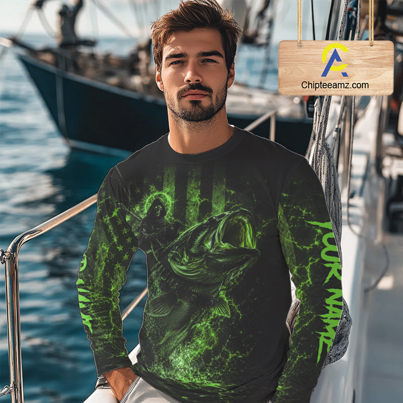 Grim Reaper Bass Fishing Jersey, Largemouth Bass Long Sleeve Performance Fishing Shirt|Green NHT1211