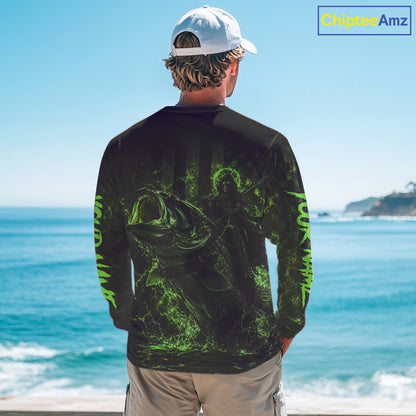 Grim Reaper Bass Fishing Jersey, Largemouth Bass Long Sleeve Performance Fishing Shirt|Green NHT1211