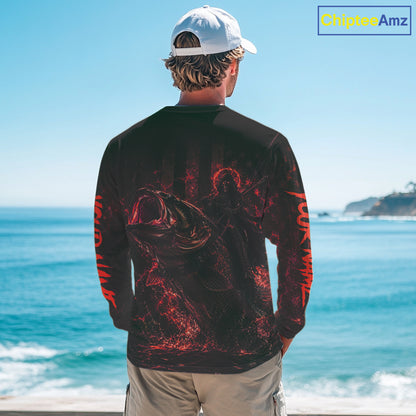 Grim Reaper Bass Fishing Jersey, Largemouth Bass Long Sleeve Performance Fishing Shirt|Red NHT1212