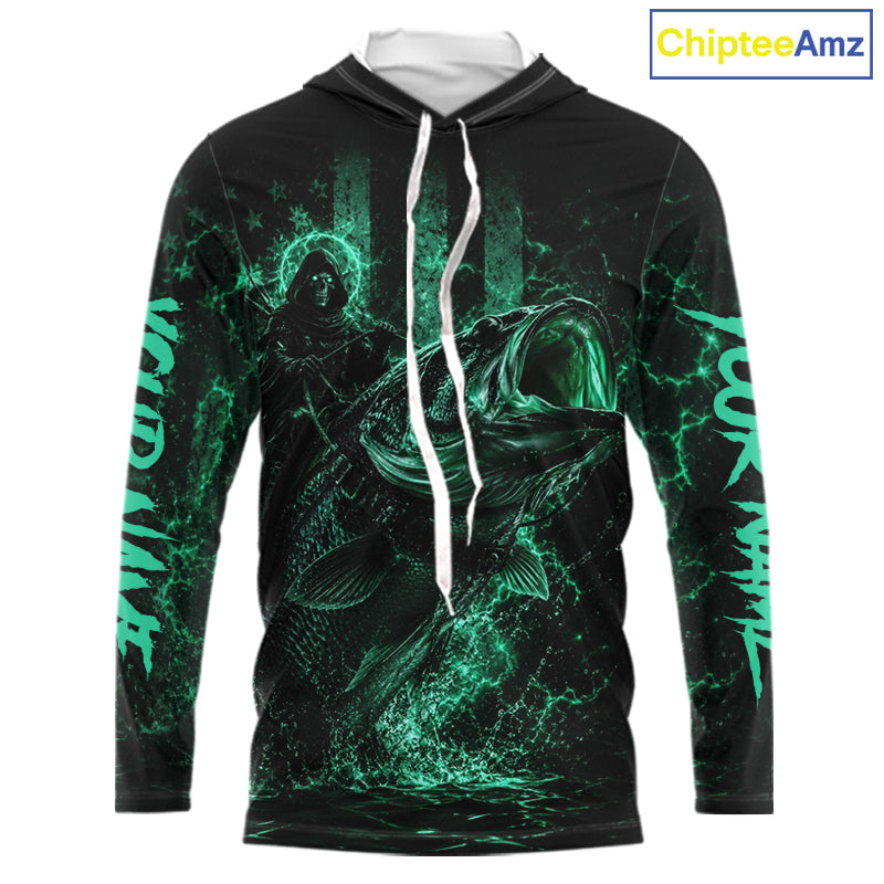 Turquoise Grim Reaper Bass Fishing Jersey long sleeve hooded shirt with bass-inspired print and performance fit.