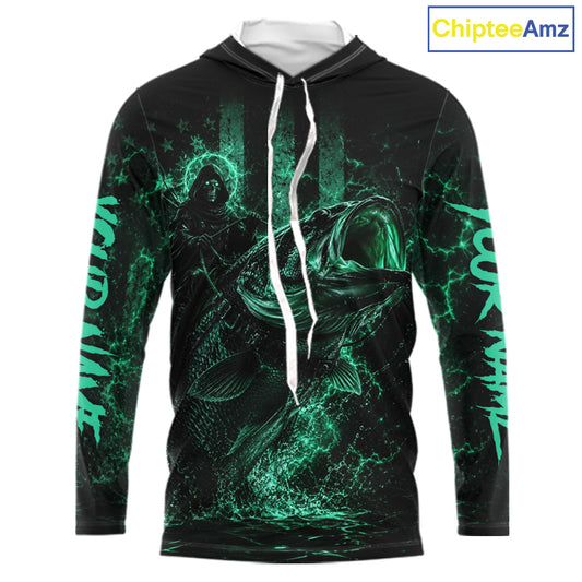 Turquoise Grim Reaper Bass Fishing Jersey long sleeve hooded shirt with bass-inspired print and performance fit.