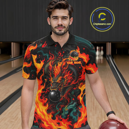 Dragon Bowling Polo Shirt Custom Name Team Fire Dragon Quarter Zip Jersey For Men NHT1348