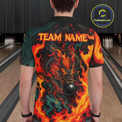 Dragon Bowling Polo Shirt Custom Name Team Fire Dragon Quarter Zip Jersey For Men NHT1348