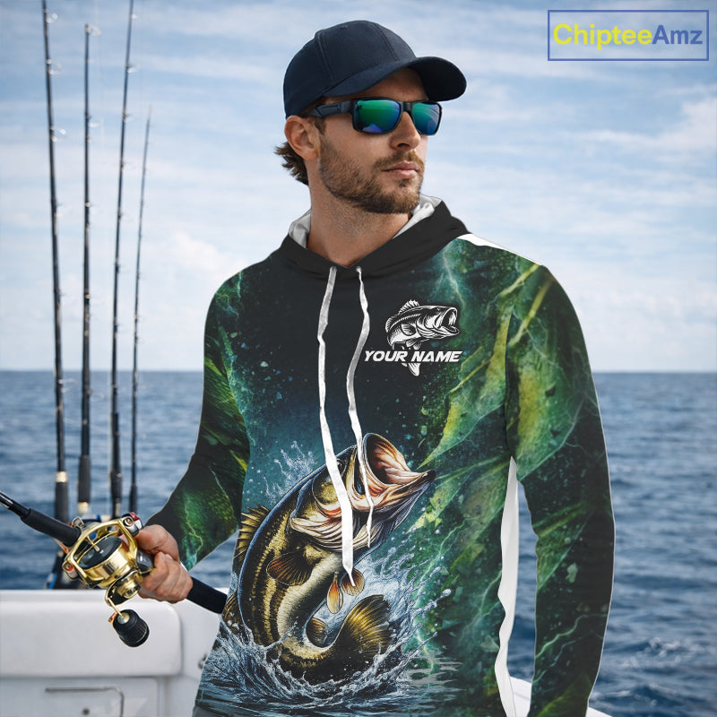 Largemouth Bass Fishing Black Green Camo Custom Name Fishing Shirts Jerseys  NHT456