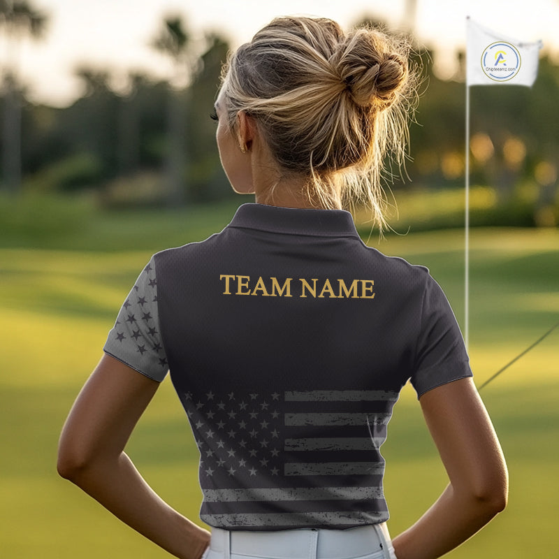 Black & Gold American Flag Womens Golf Polo Shirts, Golf Gifts For Team NHT887