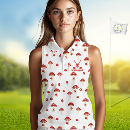 Funny Mushroom Sleeveless Womens Golf Polo Shirt, Personalized Mushroom Red White Pattern Golf Jersey NHT888