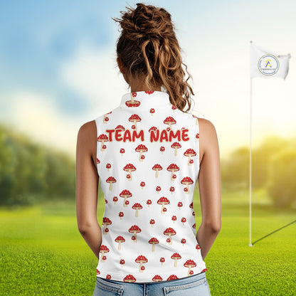 Funny Mushroom Sleeveless Womens Golf Polo Shirt, Personalized Mushroom Red White Pattern Golf Jersey NHT888