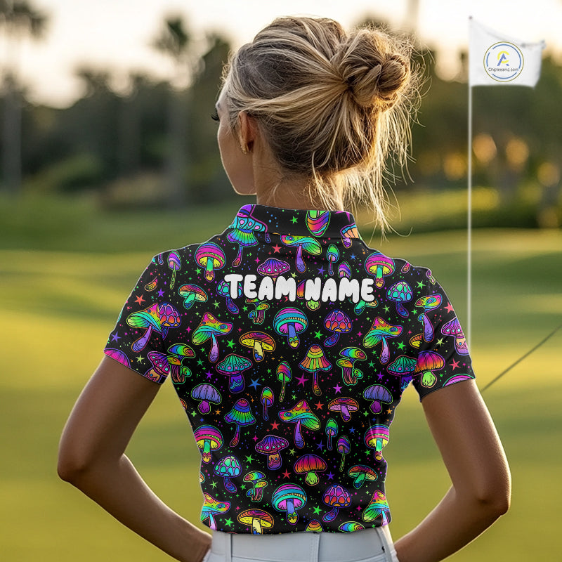 Funny Neon Mushroom Pattern Womens Golf Polo Shirt – Custom Name, Team Name For Golfer NHT889