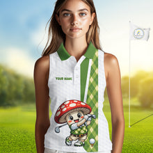 Load image into Gallery viewer, Funny Cartoon Mushroom Sleeveless Womens Golf Polo Shirt White Argyle Green Pattern Golf Shirt NHT890