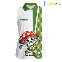 Load image into Gallery viewer, Funny Cartoon Mushroom Sleeveless Womens Golf Polo Shirt White Argyle Green Pattern Golf Shirt NHT890