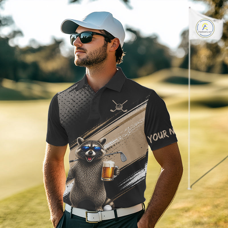 Funny Raccoon Golf Polo Shirt Custom Name Golf Beer Polo Gift For Men Black Beige Golf Jersey  NHT891