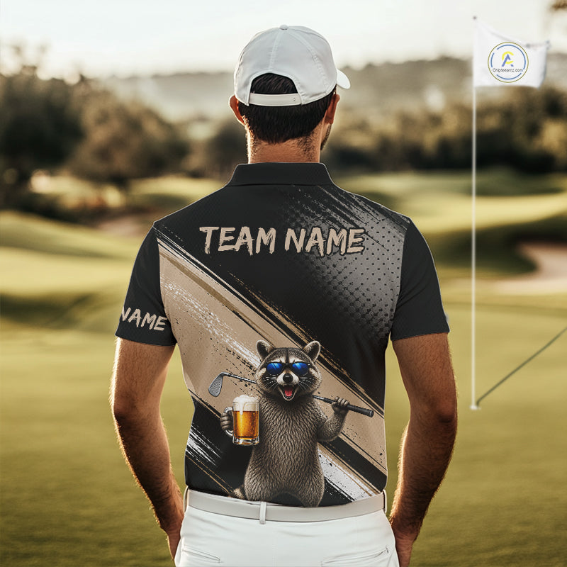 Funny Raccoon Golf Polo Shirt Custom Name Golf Beer Polo Gift For Men Black Beige Golf Jersey  NHT891