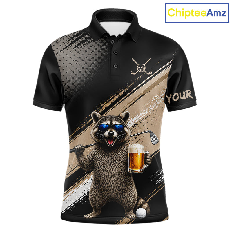 Funny Raccoon Golf Polo Shirt Custom Name Golf Beer Polo Gift For Men Black Beige Golf Jersey  NHT891