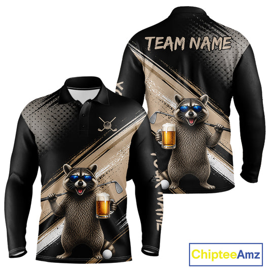Funny Raccoon Golf Polo Shirt Custom Name Golf Beer Polo Gift For Men Black Beige Golf Jersey  NHT891