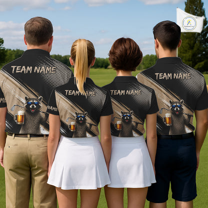 Funny Raccoon Golf Polo Shirt Custom Name Golf Beer Polo Gift For Men Black Beige Golf Jersey  NHT891