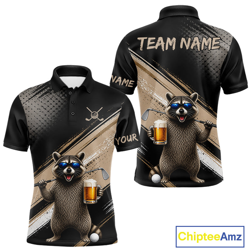 Funny Raccoon Golf Polo Shirt Custom Name Golf Beer Polo Gift For Men Black Beige Golf Jersey  NHT891