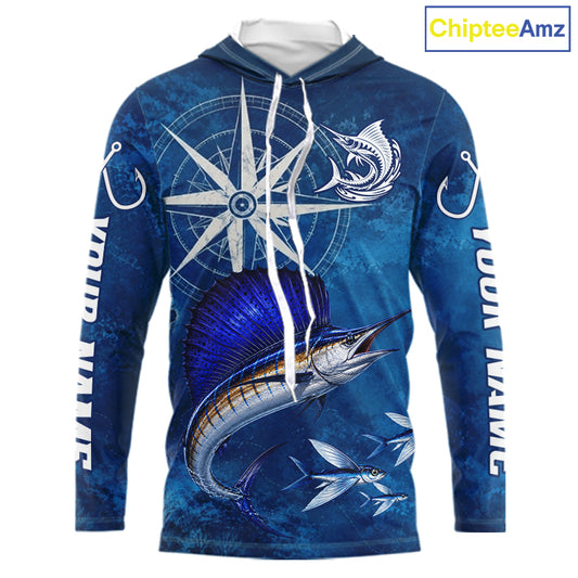 Sailfish Fishing Shirt Long Sleeve Hooded Gift For Men – Deep Sea Angler Ocean Compass Design