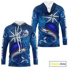 Load image into Gallery viewer, Sailfish Fishing Shirt Long Sleeve Hooded Gift For Men – Deep Sea Angler Ocean Compass Design